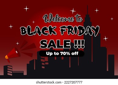 Black friday vector illustration. Black and red theme with silhouette of city