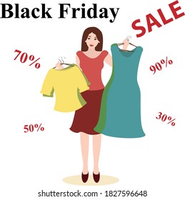 Black friday vector illustration. Sales woman offers discount clothes on sale. Boutique Sale.