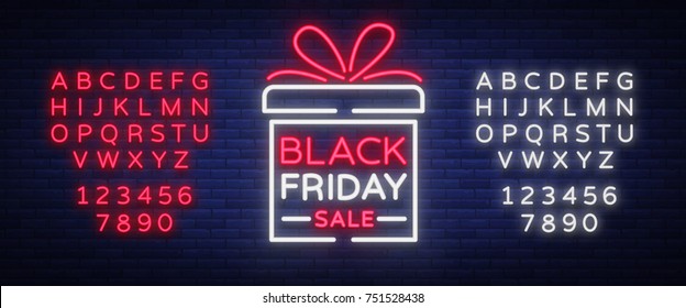 Black Friday vector isolated, poster banner in neon style. Bright sign sales Black Friday discounts. Editing text neon sign. Neon alphabet