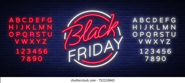 Black Friday vector isolated, poster banner in neon style. Bright sign sales Black Friday discounts. Editing text neon sign. Neon alphabet.