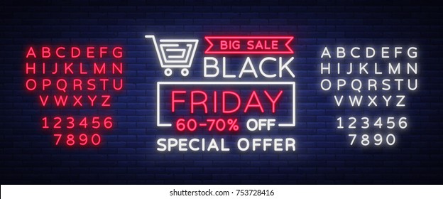 Black Friday vector isolated, poster banner in neon style. Bright sign sales Black Friday discounts. Editing text neon sign. Neon alphabet.