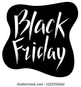 Black Friday vector lettering on black ink blot. Black Friday white inscription label. Sale and discount event design element. Shopping holiday invitation. Handdrawn lettering for Black Friday Sale