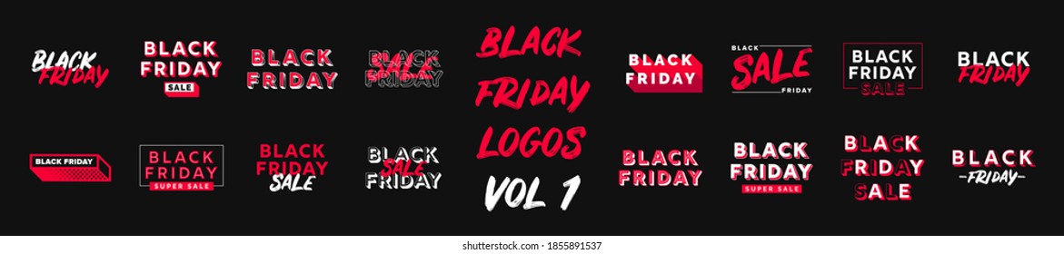 Black Friday Vector Logo Design Template Set for Label, Tag, Poster, Banner, Flyer, Ad, Advert etc. Modern Typography Black Friday Sale Logos.  Vector Design Template Set. 3D Text Black Friday Logos