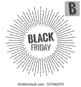 Black friday vector logo with radial linear sun rays in vintage style isolated on white background. Black friday retro drawing illustration. Lines not expanded, editable stroke, eps10.