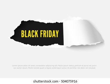 Black Friday Vector Paper Hole With Space For Text, Ripped Edges, Dark Copyspace. Torn Paper For Scrapbooking. Torn Paper Template For Sale Promo And Advertising.