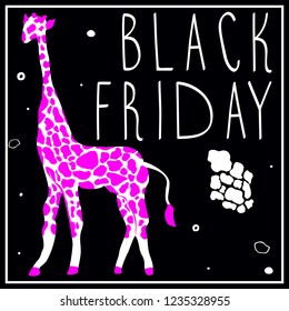 Black friday vector with pink giraffe on black background. For banners, posters, cards.