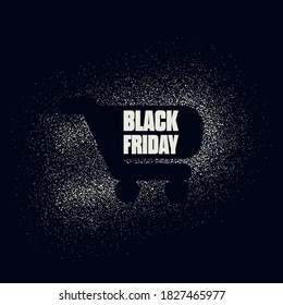Black Friday vector sale web banner. Shopping cart symbol on dark background with white spray. Discounts, special offers promotion, advertising. Eps10 illustration.