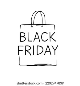 Black friday vector template. Hand drawn vector shopping bag with an inscription. Big sale, hot deal, seasonal discount design