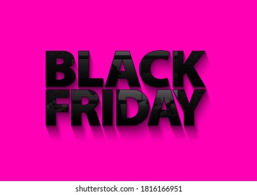 Black Friday vector text on pink background. Window and gift glass effect reflection on glossy black letters. Glamorous colors for bright sale banner design