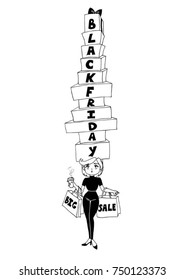 Black Friday vector vertical banner with and young woman holding Big Sale bags and purchases