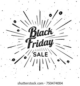 Black Friday vector vintage illustration. Sign with firework explosion. Stamp textured label with light rays and the percent sign. Black Friday ornament. Bursting star shape. Decoration element