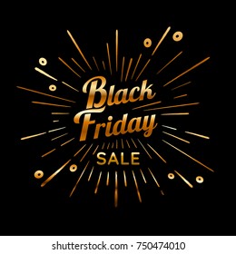 Black Friday vector vintage illustration. Sign with firework explosion. Stamp textured label with light rays and the percent sign. Black Friday ornament. Bursting star shape. Decoration element