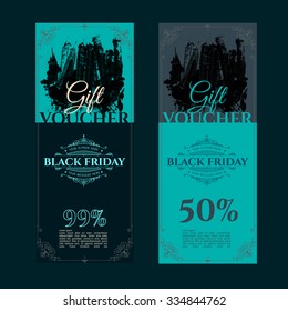 Black Friday Vector Voucher. Vintage ornamental frame & ink drawing of city. The combination of graphic elements with typography