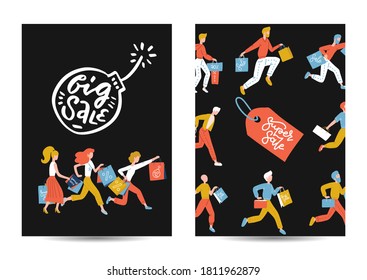 Viernes Negro vertical a4 afiche o conjunto de baner. Caracteres de personas con carreras planas con bolsas de compras. Concepto promocional, gran descuento, afiche publicitario, cartel. Ilustración vectorial plana con letras