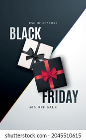 Black friday vertical banner. 3d black and white gift boxes Top view. Sale vector template. Universal background for poster, banners, flyers, card, social media.