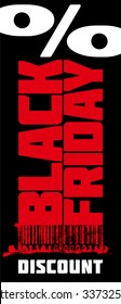 'Black Friday' vertical banner with abstract grunge bar-code. Vector graphic layout