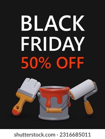 Black Friday vertical banner. Isometric can with red paint, different brushes. Tools for repair and redesign. Professional consumables. Promotional poster with place for offer