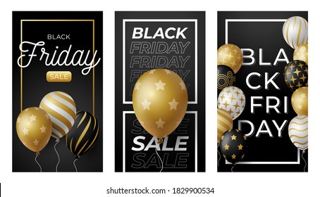 Black Friday vertical banner for stories. Golden Vector Set of black friday theme social media stories post, 3d realistic black and gold balloon banner cover frame template