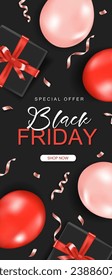 Black friday vertical sale banner with realistic glossy balloons, gift box and ribbon text on black background. Vector illustration.