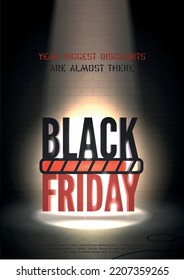 Black friday vintage banner with spotlight on dark background. Special price red flyer design with copyspace. Minimalistic vector poster template. Trendy sale discounts advert with progress bar