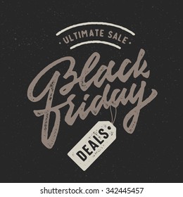 Black Friday. Vintage Promo badge sign label symbol. Vintage Brush Script Lettering.Great way to spread the word about your business,special offers,discounts,deals,bargain etc. Vector Illustration.