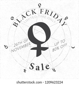 Black Friday Vintage Style Shopping Creative Concept with Logo Lettering and Friday Venus Sign in Circle of Symbols - Black Elements on White Paper Background - Vector Graphic Design