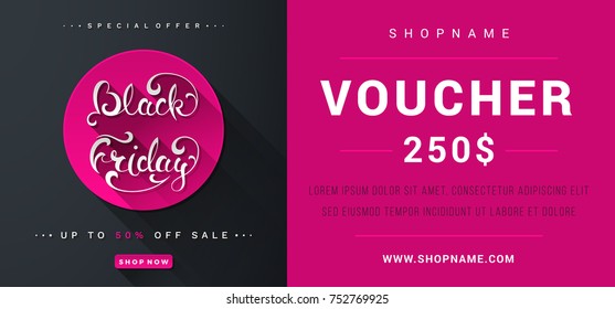 Black Friday voucher card vector template in flat style with paper calligraphic text.