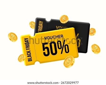 Black Friday voucher design with bold yellow and black coupon cards, featuring 50% discount text surrounded by floating golden coins. Black Friday coupon in 3d vector illustration