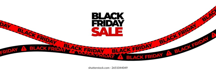 Black Friday warning stripe ribbon, urgent sale banner for retail ad, shopping zone, promotion label, dynamic marketing design. Bold red wavy line. Vector illustration