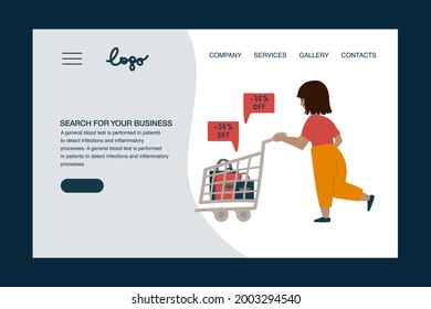 Black Friday Web-Banner. Ein Konzept für die Werbung für Rabatte. Eine Frau läuft am Black Friday zu einem Verkauf mit einem Warenkorb. Vektorgrafik