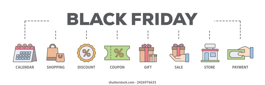 Black friday web banner icon vector illustration concept consists of calendar, shopping, discount, coupon, gift, sale, store, payment icon live stroke and easy to edit