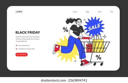 Banner de la web del viernes negro o página de inicio. Personaje feliz con bolsas de compras y regalos. Compras en línea y fuera de línea con un gran descuento y oferta especial. Publicidad promocional. Ilustración vectorial plana