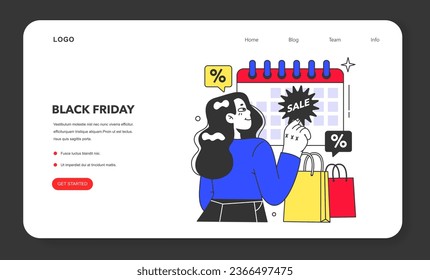 Black friday web banner or landing page. Happy character with shopping bags and presents. Offline and online shopping with a big discount and special offer. Promo advertising. Flat vector illustration