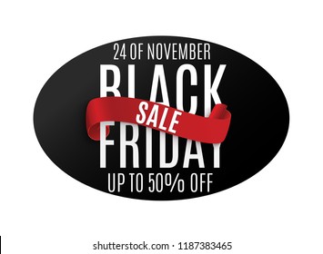 Black Friday. Web banner, logo, emblem and label. Friday holiday sales on Friday. The scroll is red.