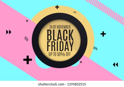Black Friday. Web banner, logo, emblem and label. Friday holiday sales on Friday. Vector abstract background texture design, bright poster, yellow background, blue and blue stripes and shapes. Banner 