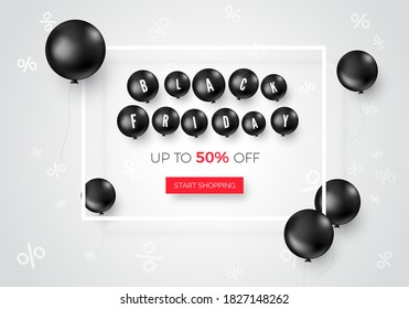 Banner web del viernes negro con oferta especial. Los globos negros que vuelan alrededor ofrecen texto. Vector