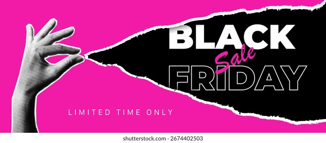 Black Friday web banner vector design template. Black Friday sale poster with halftone collage hand, torn paper effect and bold typography on pink background with copy space.
