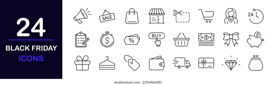 Juego de iconos web del viernes negro. Viernes negro - colección simple de iconos de línea delgada. Conteniendo promociones, cupones, descuentos de compras, carrito de compras y más. Conjunto simple de iconos web