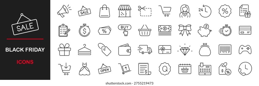 Black friday web icons set. Shopping - simple thin line icons collection. Containing promotions, coupon, discounts shopping, shopping cart and more. Simple web icons set