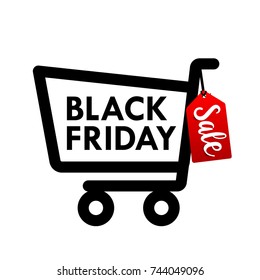 Black friday web tag banner with shopping cart icon for promotion sale discount style vector illustration 001