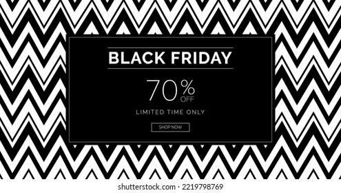 Schwarze Friday Website-Banner-Vorlage mit Zickzack-Hintergrund. Moderne, schwarz-weiße Vektorgrafik zur Werbung für das Angebot des Ladens.