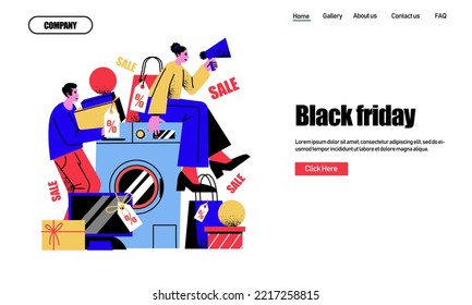 Black Friday website template design. Vector illustration of big discounts and sales. Flat cartoon vector illustration
