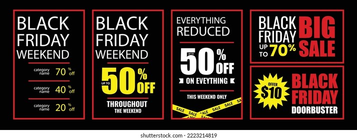 Black Friday weekend discount sale banner bundle with 70% off, 50% off, 20% off text for social media posts, flyer, banner, brochure, poster, and signboard, etc.