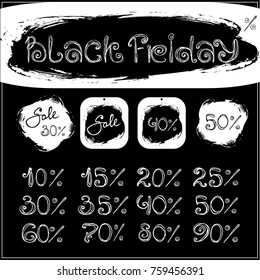 Black friday black and white hand drawn inscriptions and discounts in percentage for use in design isolated in vector