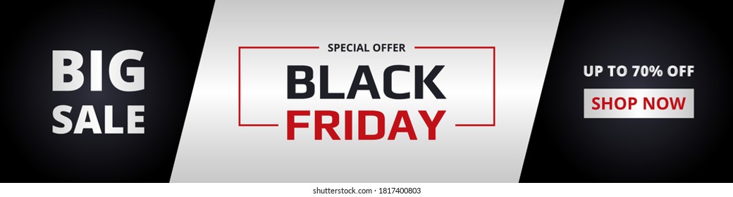 Black friday, wide banner. Black friday dark, silver and red vertical banner template. Big sale, special offer, up to 70% off.