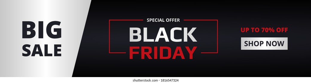 Black friday, wide banner template. Black friday dark, red and silver vertical banner. Big sale, special offer, up to 70% off.