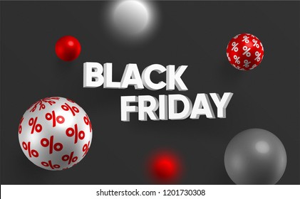 Black Friday wide poster with 3D style design. abstract text and balls with pattern. creative art for web, discount, ad, promotion, social media, banner, card, billboard, placard.