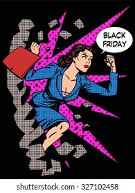 Black Friday woman buyer runs on sale pop art retro style