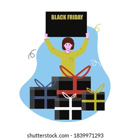 Black Friday. Woman with a poster in her hands. At the girl s feet there are many purchases in the form of gifts. Vector illustration in flat style for web pages and posters