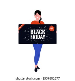 Black Friday. Woman with a purchase in his hands. Girl holds a tv in his hands. Black Friday Sale. Vector illustration